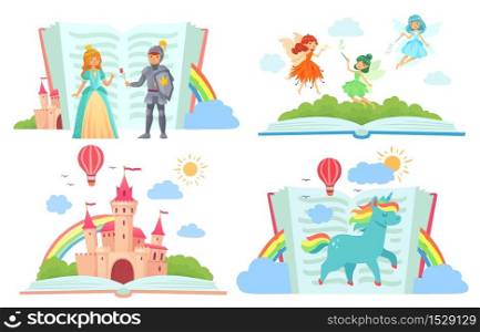 Open books with fairy tales characters. Kingdom with castle, royal knight giving rose to princess. Cute fairies flying with magic wands in dresses with wings. Unicorn with rainbow vector illustration. Open books with fairy tales characters. Kingdom with castle, royal knight giving rose to princess, fairies