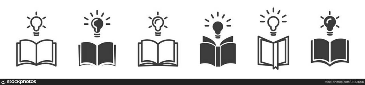 Open books with light bulb. Knowledge concept. Idea icon set.