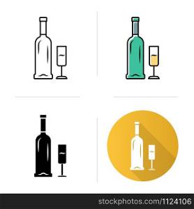 Open bottle and glass of champagne icons set. Wine service. Sparkling wine. Aperitif, alcohol beverage. Glassware, winery. Flat design, linear, black and color styles. Isolated vector illustrations