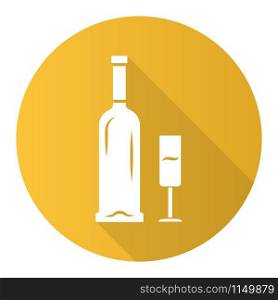 Open bottle and glass of champagne yellow flat design long shadow glyph icon. Sparkling wine. Aperitif, alcohol beverage, drink. Glassware, winery, wineglass. Vector silhouette illustration