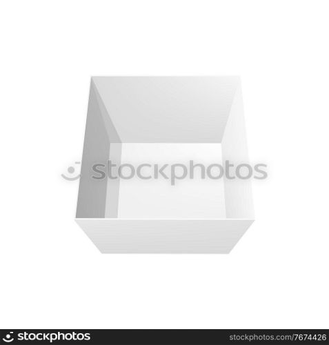 Open box 3d vector mockup top view, blank white square empty parcel cardboard with removed lid. Realistic package template, isolated container for gift or shoes. Open box, 3d vector mockup top view, package.