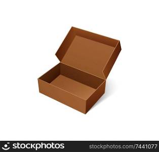 Open box for shoes storage. Empty container made of carton, brown pack for goods delivery, blank packaging parcel of rectangular shape vector isolated. Open box for shoes storage. Empty carton container