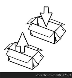 Open box. Set of cardboard containers. An empty package. Parcel and mail. Red and green arrow for packing and unpacking. Scheme of action.. Open box. Set of cardboard containers.