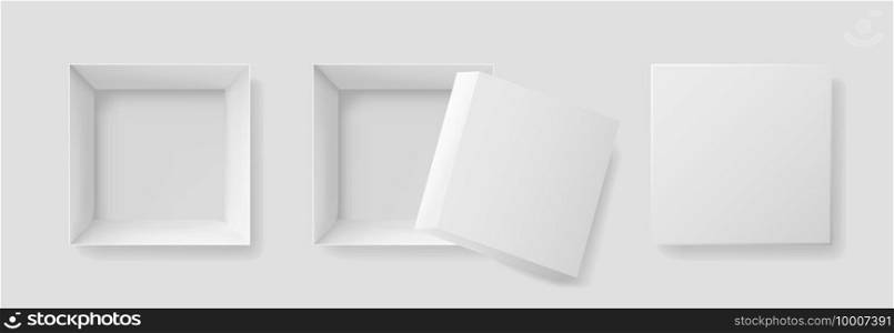 Open box with top view. Mockup of white box for gift, shoebox, christmas and pizza. Square paper package with shadow. Empty open and closed cardboard box. Realistic mock up isolated. Vector.. Open box with top view. Mockup of white box for gift, shoebox, christmas and pizza. Square paper package with shadow. Empty open and closed cardboard box. Realistic mock up isolated. Vector