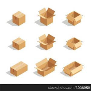 Open boxes set 3d isometric. Open boxes set 3d isometric. Package element for delivery, vector illustration