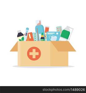 Open cardboard box with a set of drugs, pills and bottles inside. Home delivery pharmacy service. Illustration in flat style n white background. Open cardboard box with a set of drugs, pills and bottles inside. Home delivery pharmacy service.