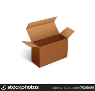 Open carton box of square shape in 3D isometric design. Package icon fir parcels transportation, pack for delivering goods, vector mockup of packing. Open Carton Box of Square Shape in 3D Isometric