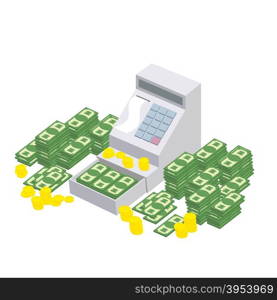Open Cash Register Machine with a lot of money. Seller box to store proceeds at store. Vector illustration&#xA;