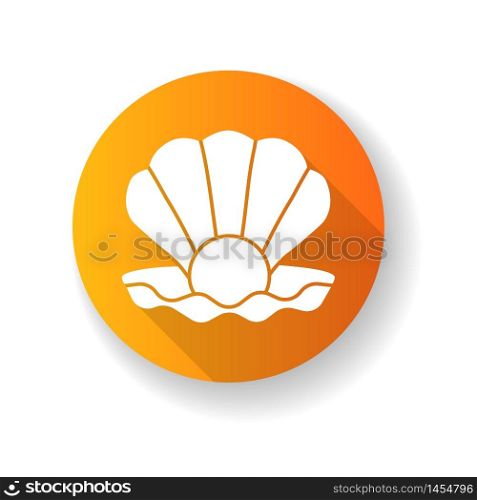Open clam with pearl yellow flat design long shadow glyph icon. Exotic seashell with precious gem. Ocean souvenir, conchology Scallop shell, oyster, mussel silhouette RGB color illustration. Open clam with pearl yellow flat design long shadow glyph icon
