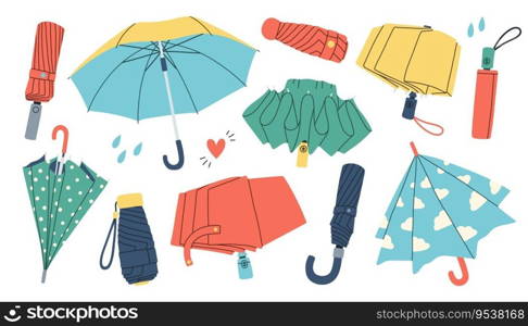 Open, closed and folded umbrellas set. Rain protection for rainy weather. Protecting accessories with handles of different design, type. Flat vector illustrations isolated on white background.