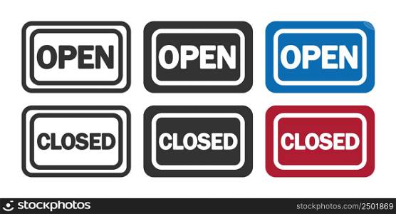 Open, closed banner icon. Hanging nameplate illustration symbol. Signboard vector.
