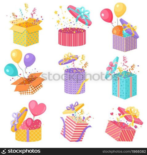 Open confetti boxes. Magic pleasant surprise box, opening bright gift package, flying colorful balloons, streamers and hearts, wrapped giftbox with ribbons, party present, vector cartoon isolated set. Open confetti boxes. Magic pleasant surprise box, opening gift package, flying colorful balloons, streamers and hearts, wrapped giftbox with ribbons, party present, vector cartoon set