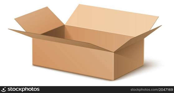 Open corrugated paper package. Empty cardboard box mockup isolated on white background. Open corrugated paper package. Empty cardboard box mockup