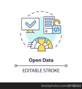 Open data concept icon. Access to information, content. Data lakehouse abstract idea thin line illustration. Isolated outline drawing. Editable stroke. Arial, Myriad Pro-Bold fonts used. Open data concept icon