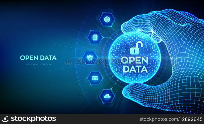 Open data database. Digital file storage system software. DMS Integration API. Online documentation database concept in the shape of sphere with hexagon pattern in wireframe hand. Vector illustration. Open data database. Digital file storage system software. DMS. Integration API. Online documentation database concept in the shape of sphere with hexagon pattern in wireframe hand. Vector illustration