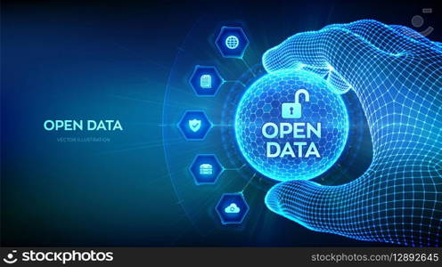 Open data database. Digital file storage system software. DMS Integration API. Online documentation database concept in the shape of sphere with hexagon pattern in wireframe hand. Vector illustration. Open data database. Digital file storage system software. DMS. Integration API. Online documentation database concept in the shape of sphere with hexagon pattern in wireframe hand. Vector illustration