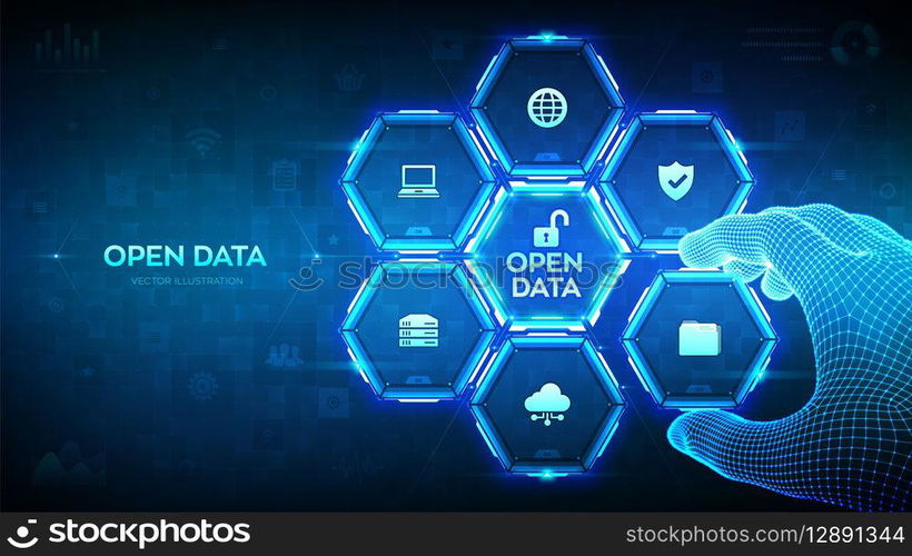 Open data database. Digital file storage system software. Online documentation database technology concept. Integration API. Wireframe hand places element into a composition visualizing DMS. Vector. Open data database. Digital file storage system software. Online documentation database technology concept. Integration API. Wireframe hand places an element into a composition visualizing DMS. Vector