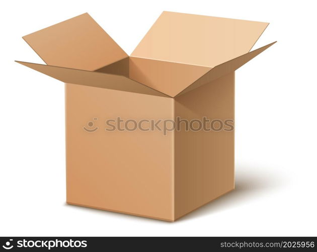 Open delivery box. Brown cardboard package. Realistic paper container isolated on white background. Open delivery box. Brown cardboard package. Realistic paper container
