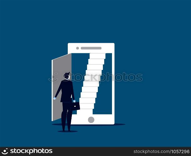 Open door. Businessman and smartphone technology. Concept business vector illustration.