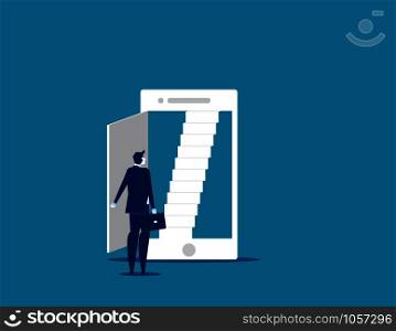 Open door. Businessman and smartphone technology. Concept business vector illustration.