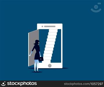 Open door. Businesswoman and smartphone technology. Concept business vector illustration.