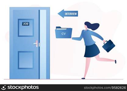 Open door in∫erview cabi≠t room. Woman candidate with cv re∑e runs for an∫erview. Hiring a≥ncy and job seeker. Busi≠sswoman character in trendy sty≤.Vector illustration