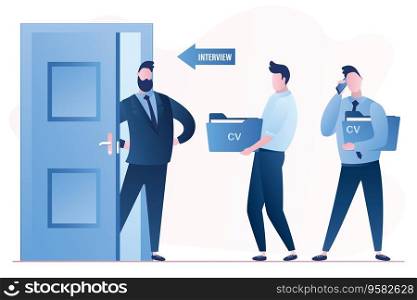 Open door in interview cabinet room. Businessman boss interviewer and two men with cv resume waiting. Hiring agency and job seekers. Businesspeople characters in trendy style.Vector illustration