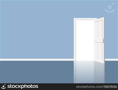 Open door in room with the outgoing light. Vector illustration in flat style. Open door in room with the outgoing light