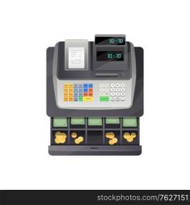 Open drawers of cash register full of money banknotes and coins isolated counting device. Vector payment equipment with currency in shop or store, electronic checkout device printing paper bill. Cash register with touchscreen interface isolated