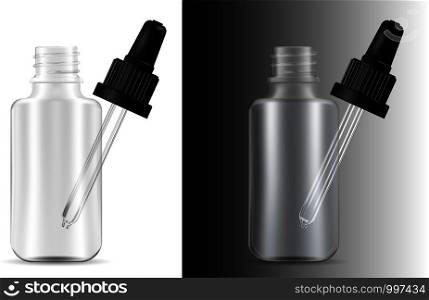 Open dropper bottle with pipette for medical products, vape e liquid, oil, serum and essence. Transparent white glass cosmetic bottle mockup. High quality eps10 vector illustration.. Open dropper bottle with pipette medical product