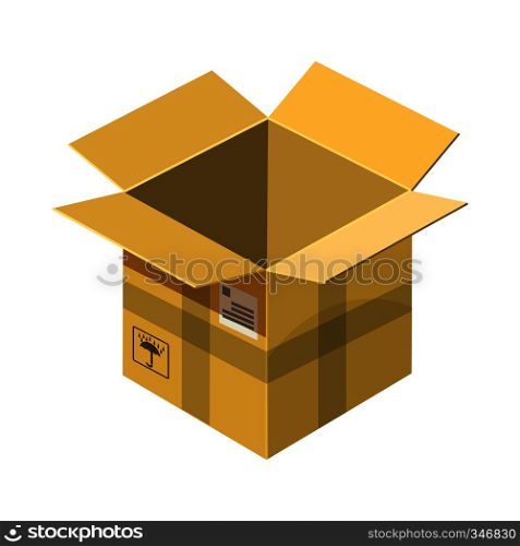 Open empty cardboard icon in cartoon style on a white background. Open empty cardboard icon, cartoon style