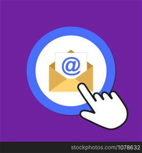 Open envelope icon. Sending email concept. Hand Mouse Cursor Clicks the Button. Pointer Push Press