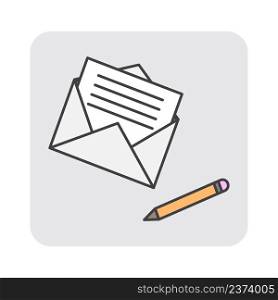 Open envelope pencil in cartoon style. Document concept. Postcard design. Vector illustration. stock image. EPS 10. . Open envelope pencil in cartoon style. Document concept. Postcard design. Vector illustration. stock image.