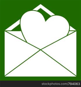 Open envelope with heart icon white isolated on green background. Vector illustration. Open envelope with heart icon green