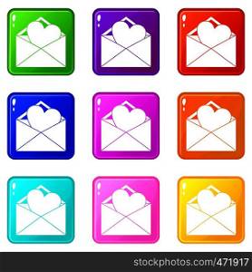 Open envelope with heart icons of 9 color set isolated vector illustration. Open envelope with heart icons 9 set