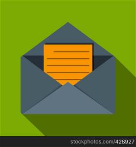 Open envelope with lined sheet of paper icon. Flat illustration of open envelope with lined sheet of paper vector icon for web isolated on lime background. Open envelope with lined sheet of paper icon