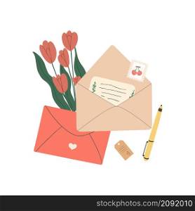 Open envelope with paper handwritten letter. Spring tulips as a gift. The concept of congratulations for Valentines Day. Flat vector illustration of mail isolated on white background.. Open envelope with paper handwritten letter. Spring tulips as a gift. The concept of congratulations for Valentines Day. Flat vector illustration of mail isolated on white background