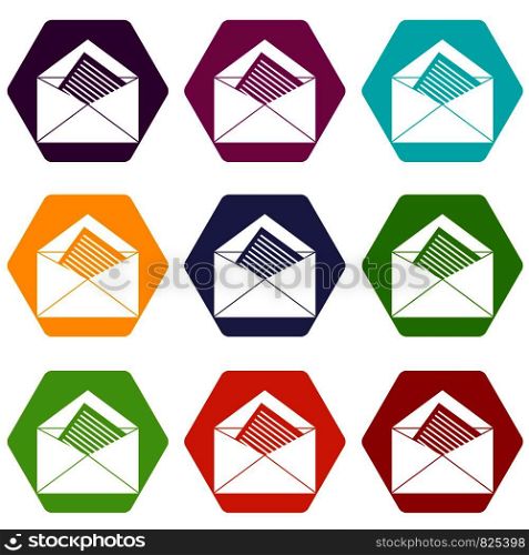 Open envelope with sheet of paper icon set many color hexahedron isolated on white vector illustration. Open envelope with sheet of paper icon set color hexahedron