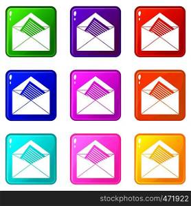 Open envelope with sheet of paper icons of 9 color set isolated vector illustration. Open envelope with sheet of paper icons 9 set
