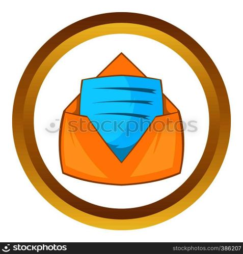 Open envelope with sheet of paper vector icon in golden circle, cartoon style isolated on white background. Open envelope with sheet of paper vector icon