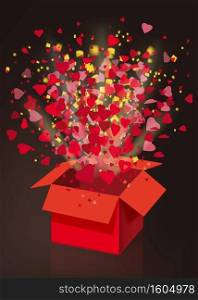 Open explosion red gift box fly hearts and confetti Happy Valentine s day. Open explosion red gift box fly hearts and confetti Happy Valentine s day. Vector illustration template baner poster isolated. Black background