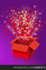 Open explosion red gift box fly hearts and confetti Happy Valentine s day. Open explosion red gift box fly hearts and confetti Happy Valentine s day. Vector illustration template baner poster isolated. Violet background