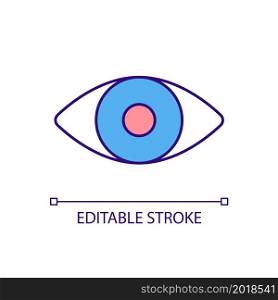 Open eye RGB color icon. Watching eye. Vision testing. Optometrist visit. Developing glaucoma. Optic nerve atrophy. Isolated vector illustration. Simple filled line drawing. Editable stroke. Open eye RGB color icon