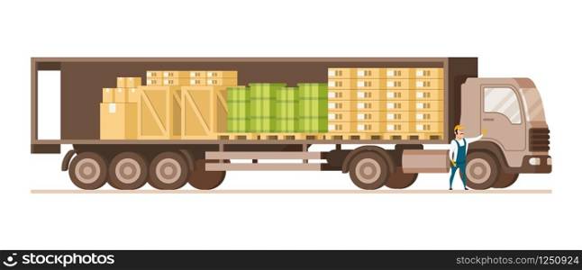 Open Fast Delivery Load Truck Full of Cargo Goods. Side View of Van with Cardboard and Wooden Box. Factory Worker Character in Uniform Standing Infront. Flat Cartoon Vector Illustration. Open Fast Delivery Load Truck Full of Cargo Goods