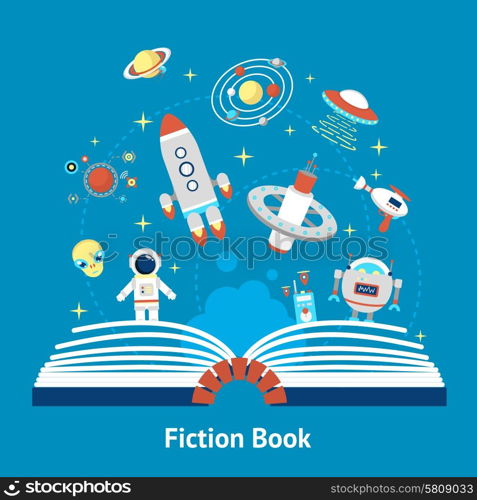 Open fiction book concept with future space mysterious symbols vector illustration. Fiction Book Illustration