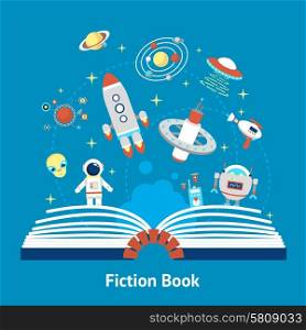 Open fiction book concept with future space mysterious symbols vector illustration. Fiction Book Illustration