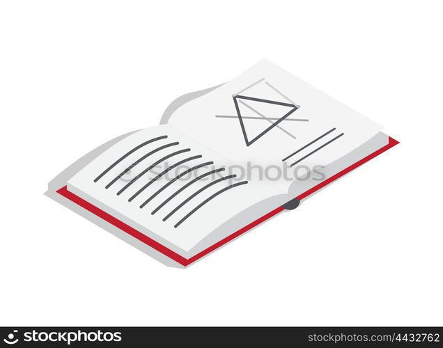 Open Geometry Textbook with Draft Illustration. Open geometry textbook with red hardcover on page with equilateral triangle draft isolated cartoon vector illustration on white background.