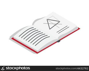 Open Geometry Textbook with Draft Illustration. Open geometry textbook with red hardcover on page with equilateral triangle draft isolated cartoon vector illustration on white background.