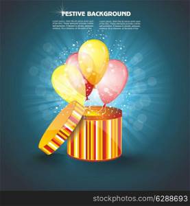 Open gift box with ballons and magic light