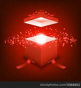 Open gift box with blue red light, festival and celebration, red box, christmas object